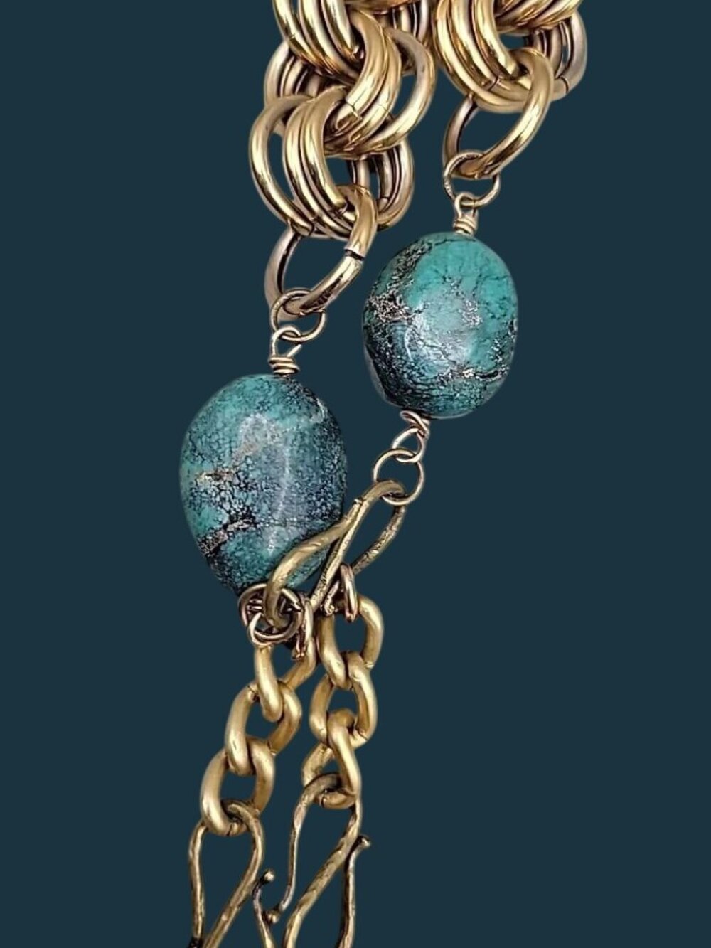 Vintage Turquoise Stone & Gold Chain Necklace Large Natural Turquoise Pendant - Picture 15 of 16